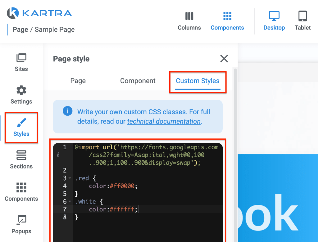 Adding custom CSS to a Kartra page